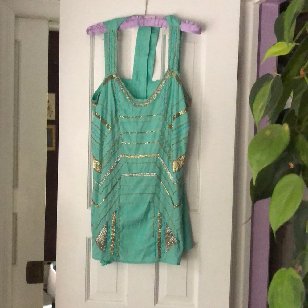 Beaded teal mini dress turquoise sea foam
